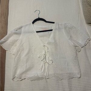 Pink Lily White Eyelet Tie-Front Blouse